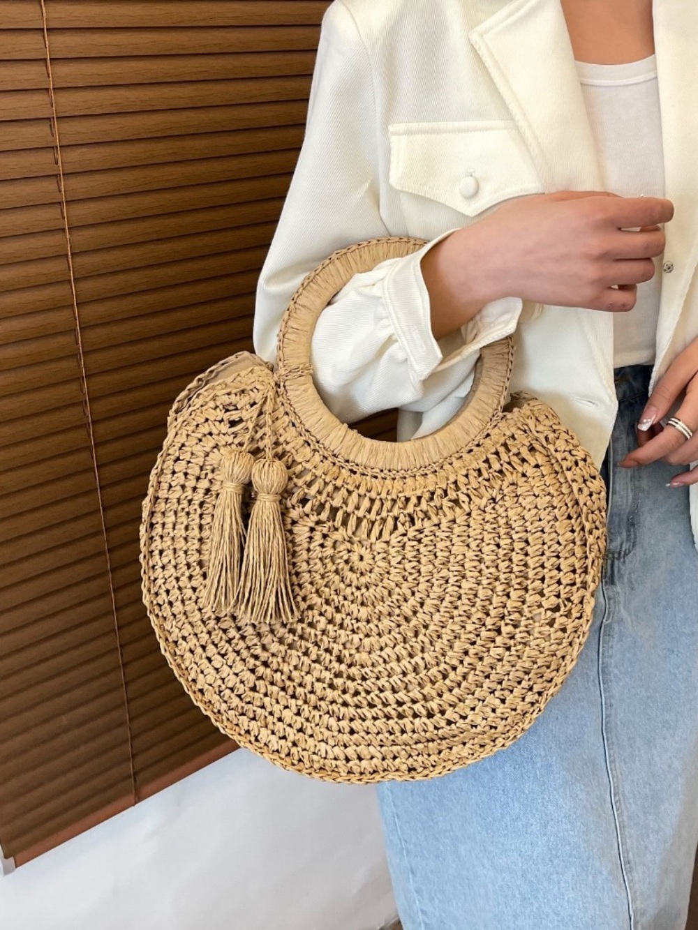 SHEIN Natural Woven Round Straw Tote with Tassels